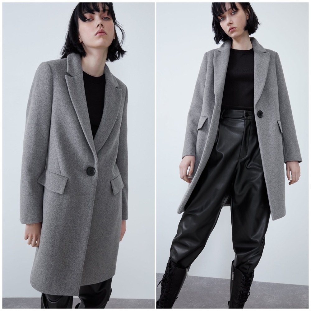 NEW Zara WOOL Blend Lapel Collar Button Closure Long Coat